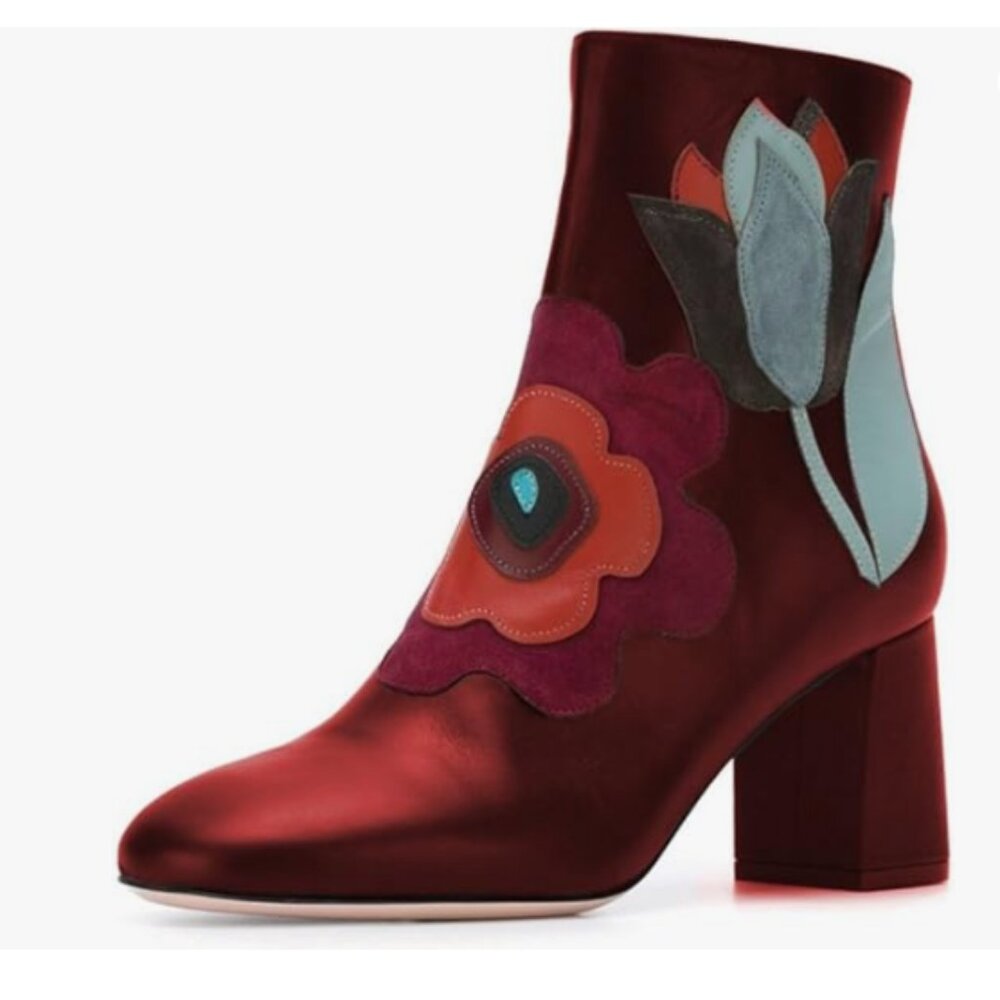 FSJ Red Fabulous Round Toe Ankle Boots Chunky Heel Floral Sewed Comfortable Shoe